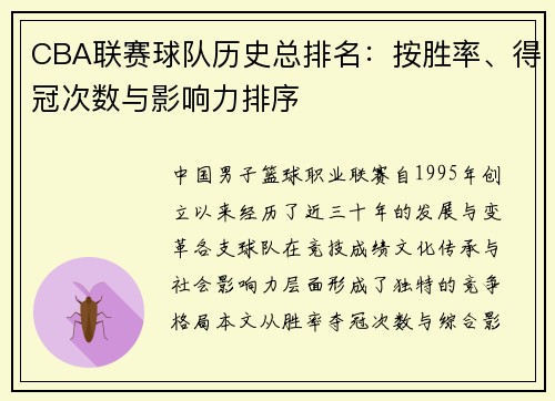 CBA联赛球队历史总排名：按胜率、得冠次数与影响力排序