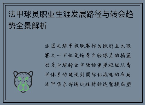 法甲球员职业生涯发展路径与转会趋势全景解析