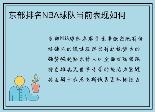东部排名NBA球队当前表现如何